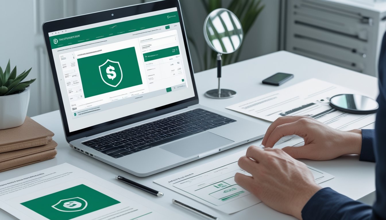 Seseorang memeriksa keamanan dan legalitas platform taruhan olahraga menggunakan laptop, dokumen, dan simbol perlindungan.