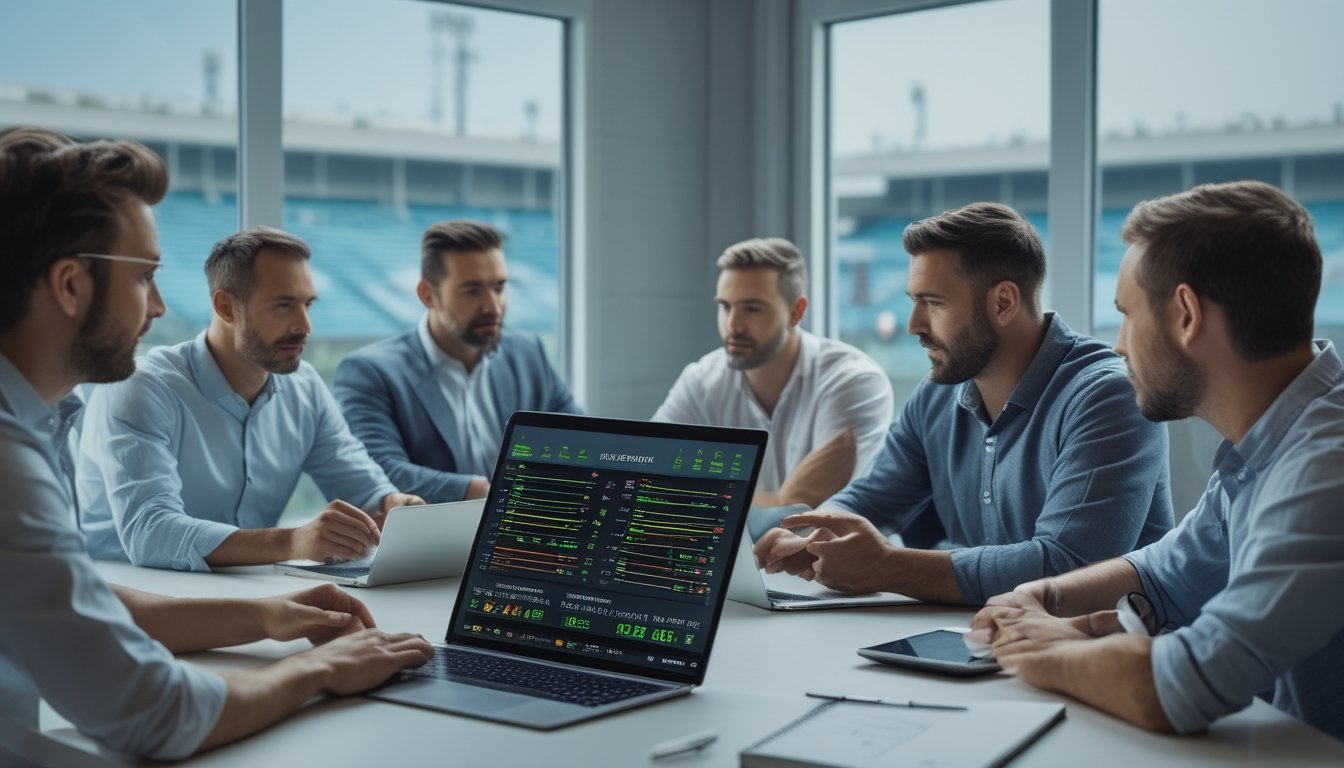 Sekelompok penggemar sepak bola menganalisis statistik pertandingan di depan laptop dan tablet dalam ruang kerja modern.