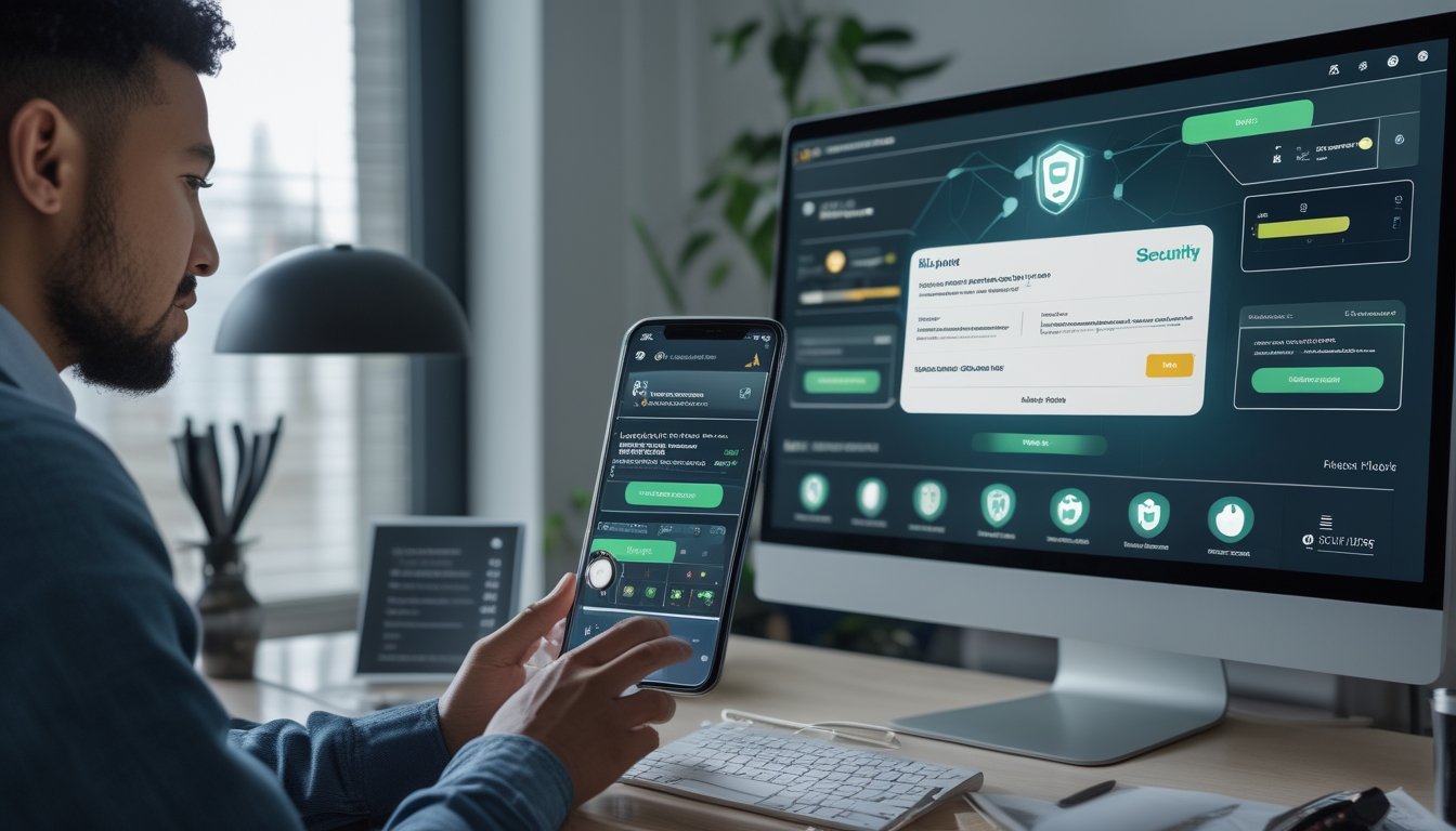 Orang dewasa memeriksa keamanan dan legalitas platform olahraga online di laptop dengan ponsel dan dokumen pendukung di meja.