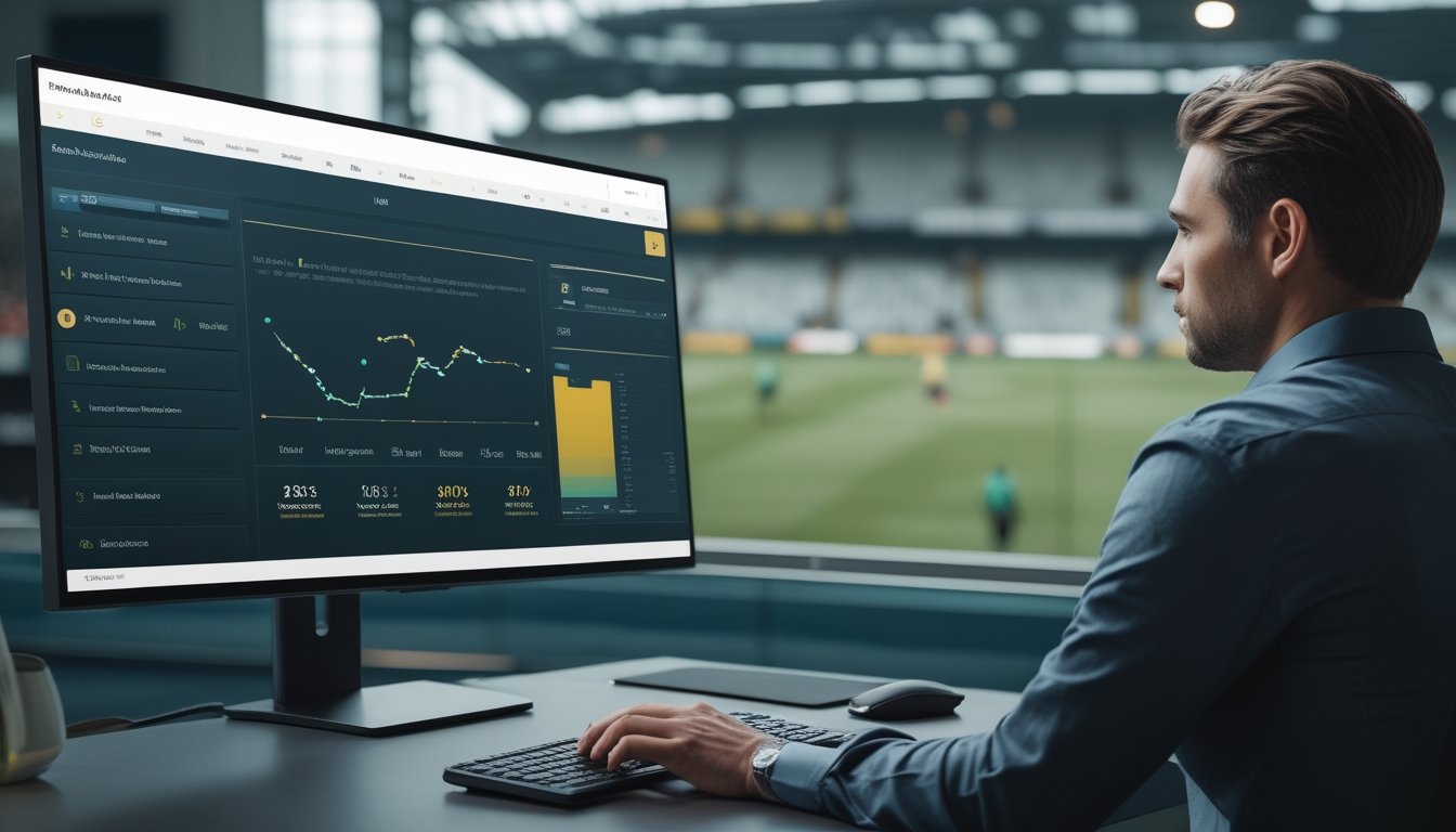 Seorang profesional menganalisis pertandingan sepak bola dan data pertandingan pada beberapa layar komputer di ruang kerja modern.