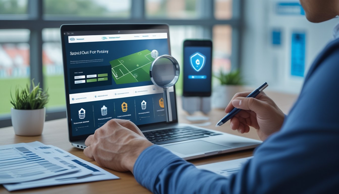 Seorang profesional meninjau keamanan dan kredibilitas platform olahraga digital di meja kerja dengan laptop, dokumen, dan simbol verifikasi.