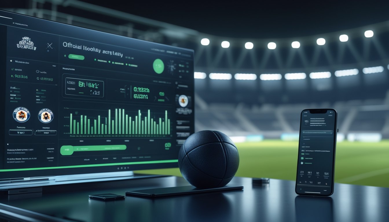 Meja kerja modern dengan bola sepak, layar analitik pertandingan, dan latar stadion yang samar.