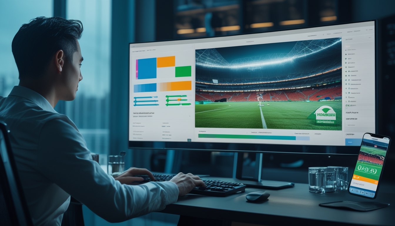 Seorang pengguna memantau pertandingan sepak bola secara langsung melalui komputer dan ponsel di meja modern.