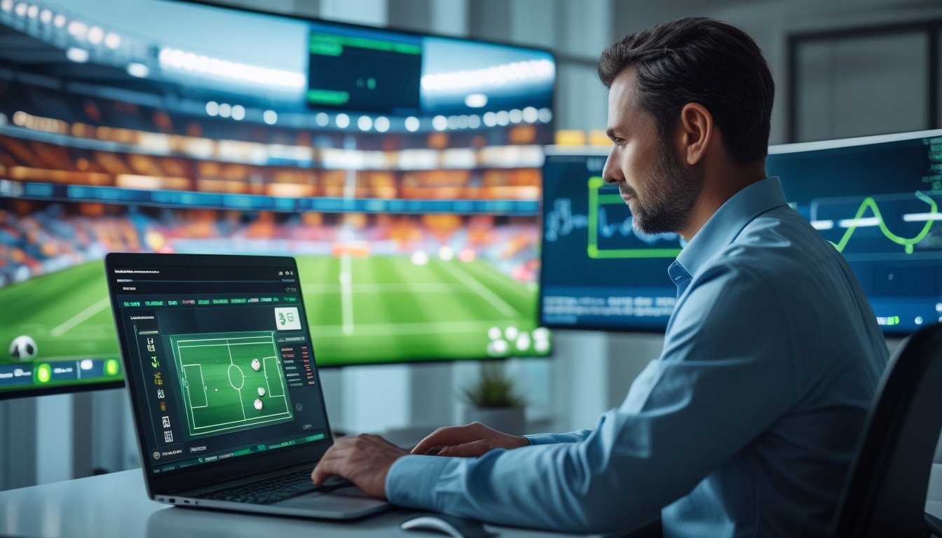 Analis memeriksa keamanan platform olahraga daring dengan laptop dan layar pertandingan sepak bola.