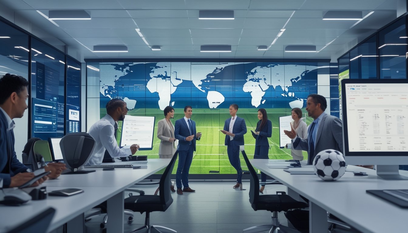 Profesional memantau statistik pertandingan sepak bola di kantor modern dengan teknologi keamanan dan peta dunia.