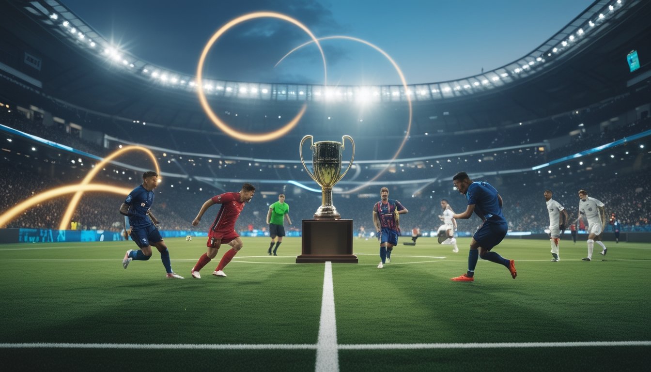 Pertandingan sepak bola profesional berlangsung di stadion dengan trofi di dekat lapangan.
