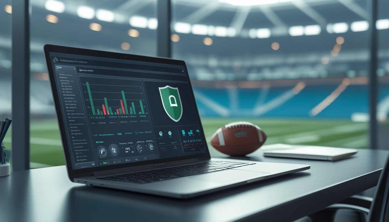 Laptop dan ponsel menampilkan analisis pertandingan sepak bola dengan ikon keamanan, bola sepak, dan latar stadion yang buram.