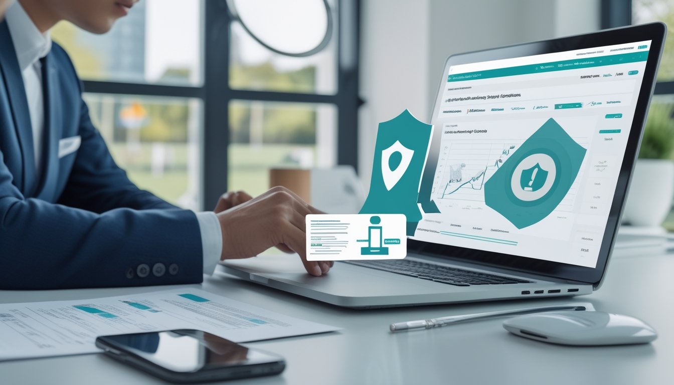 Seorang profesional memeriksa keamanan dan legalitas platform olahraga melalui laptop dengan simbol perlindungan data.