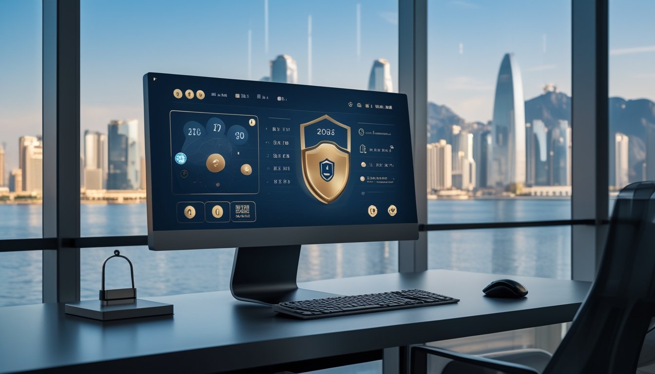 Meja kerja modern dengan monitor berisi visualisasi angka abstrak dan pemandangan kota Macau.
