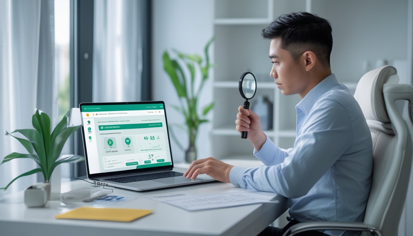 Seorang profesional memeriksa keamanan dan kredibilitas platform taruhan daring menggunakan laptop, ponsel, dan dokumen verifikasi.
