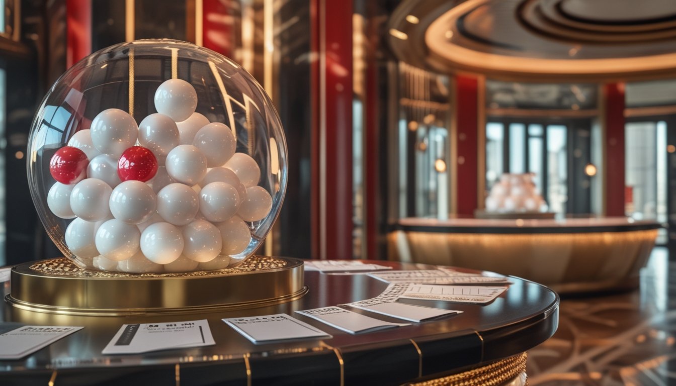 Mesin undian transparan dengan bola-bola berwarna di dalam ruang permainan modern bernuansa merah dan emas.