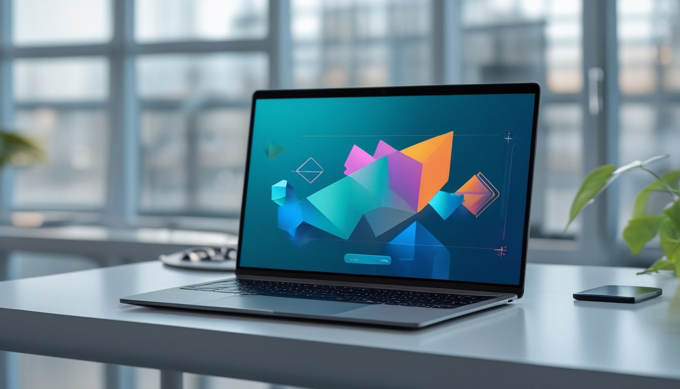 Laptop dan ponsel menampilkan bentuk geometris abstrak di atas meja kerja modern.