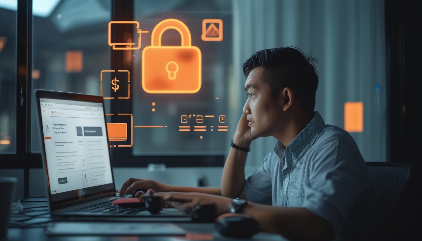 Orang dewasa Indonesia tampak khawatir saat melihat laptop dan ponsel dengan simbol peringatan akses digital.