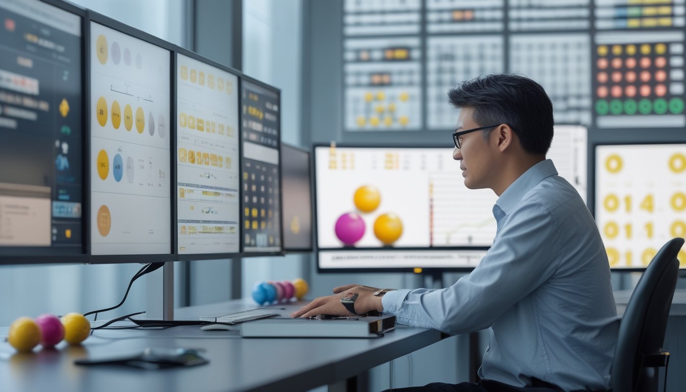 Seorang analis dewasa mempelajari pola angka dan visualisasi data di ruang kerja modern.