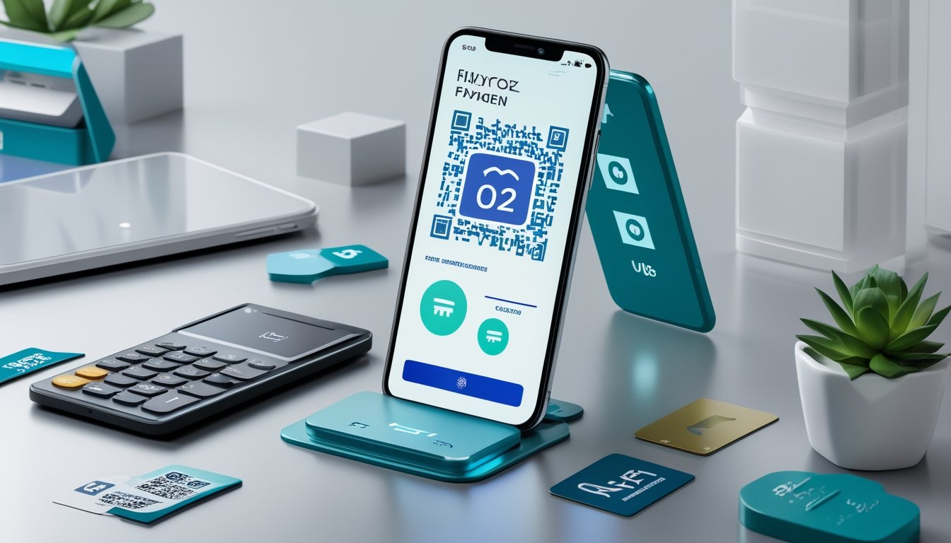 Ponsel menampilkan antarmuka pembayaran digital dengan kode QR di atas meja kerja modern.