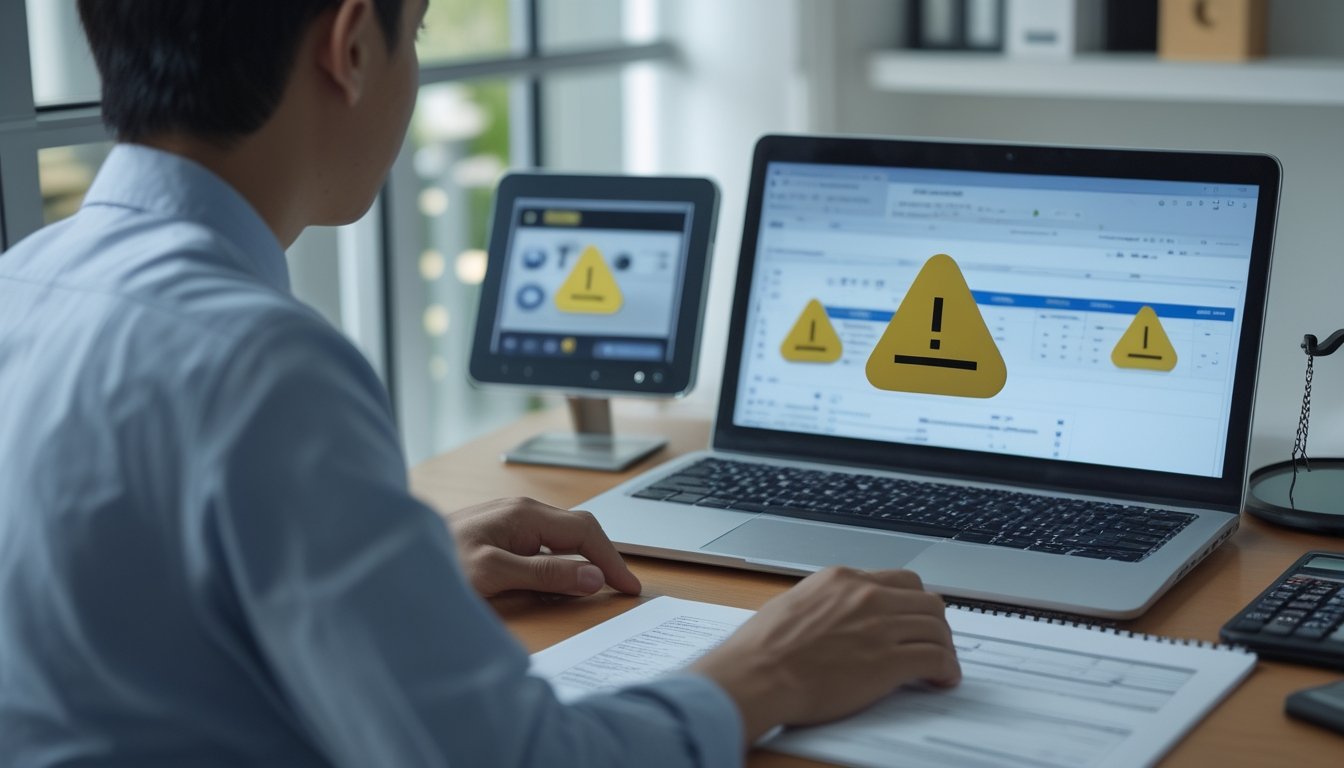 Seseorang meninjau informasi permainan daring di laptop dengan ponsel, kalkulator, dan dokumen di meja.