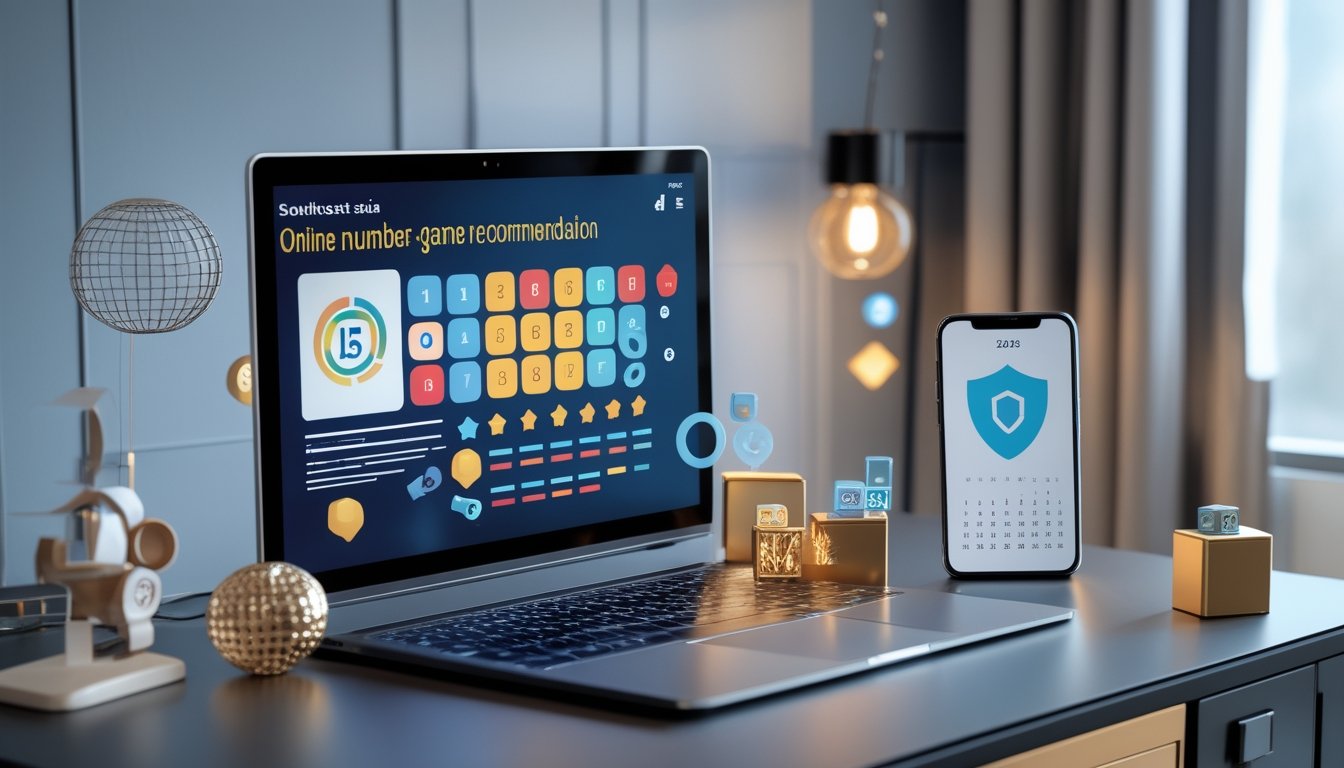Laptop dan ponsel menampilkan antarmuka analisis angka dengan simbol keamanan di atas meja kerja modern.