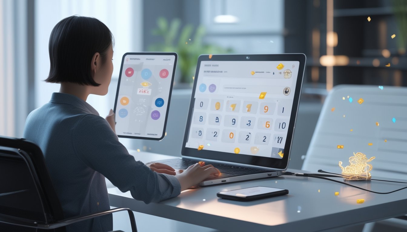 Seseorang menggunakan laptop dan ponsel dengan tampilan angka serta simbol zodiak yang abstrak.