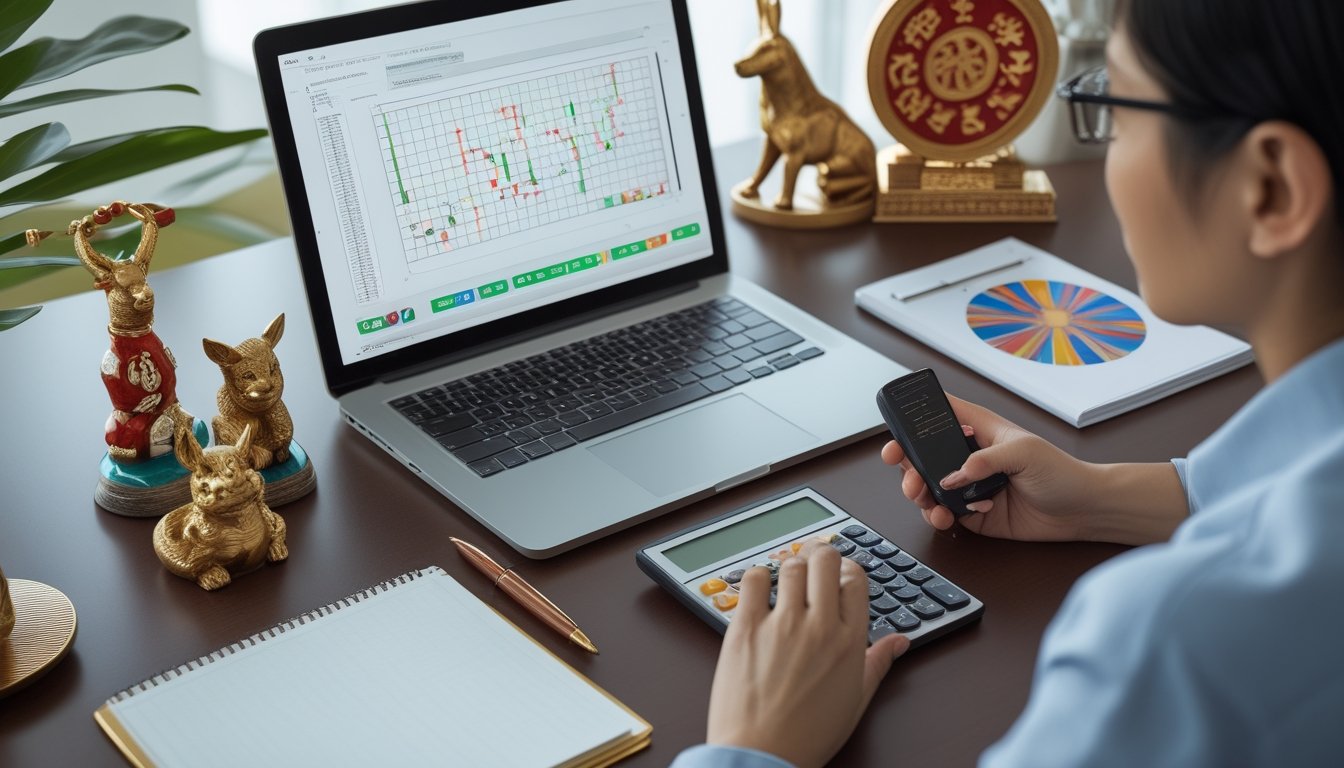 Meja kerja modern dengan laptop berisi pola angka abstrak, roda shio, dan beberapa patung hewan zodiak Tionghoa.