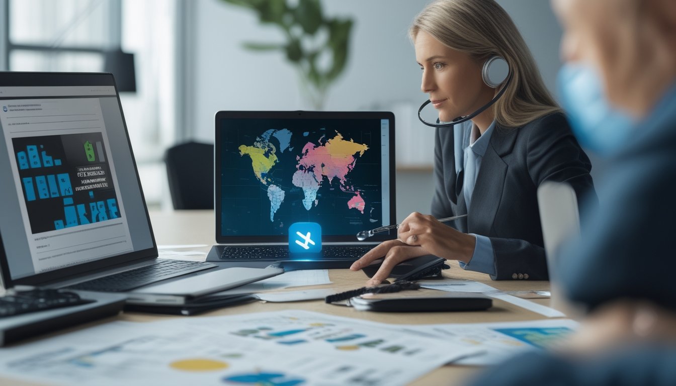 Seorang analis meninjau dokumen hukum dan perangkat digital di meja kerja modern.