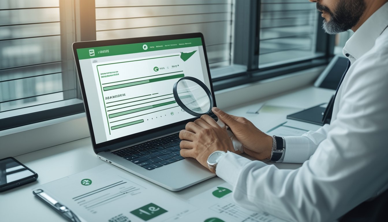 Seorang profesional memeriksa laptop, dokumen, dan daftar verifikasi legalitas di meja kerja.