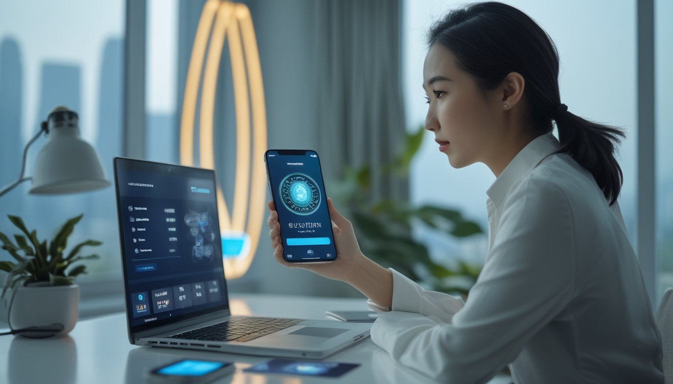 Orang dewasa menggunakan ponsel dan laptop dengan konsep pembayaran dompet digital di ruang kerja modern.