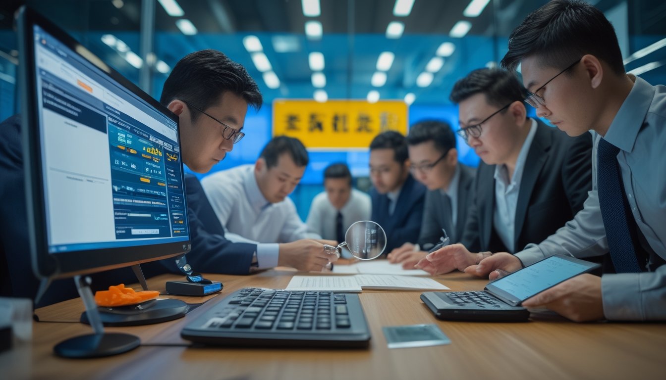 Tim analisis risiko meninjau platform pembayaran digital dan dokumen legal di kantor modern.