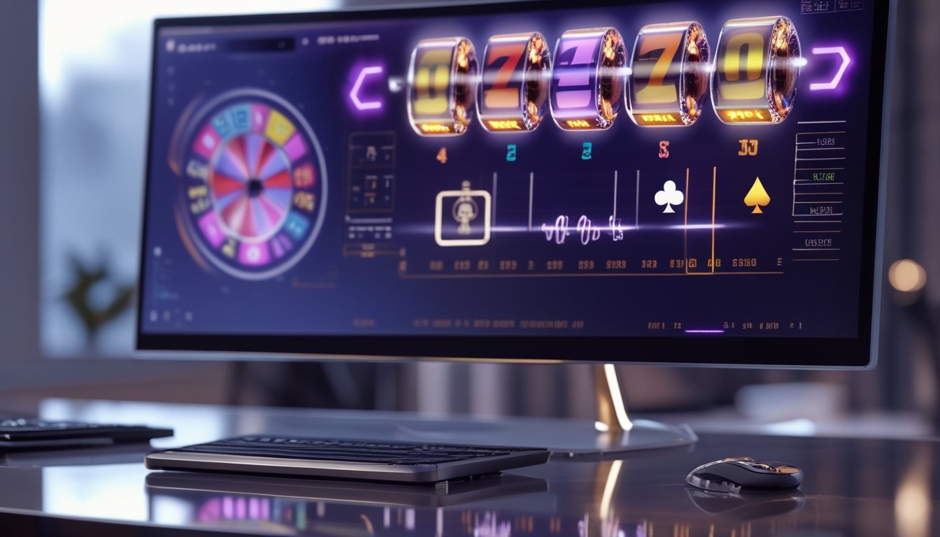 Monitor dan ponsel menampilkan visual permainan kasino abstrak di atas meja kerja modern.
