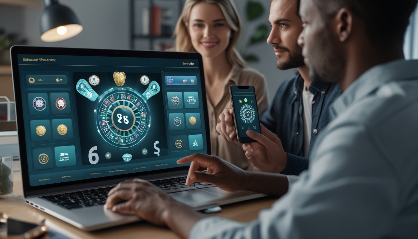 Orang dewasa melihat perangkat digital dengan tampilan permainan daring abstrak di ruang kerja modern.