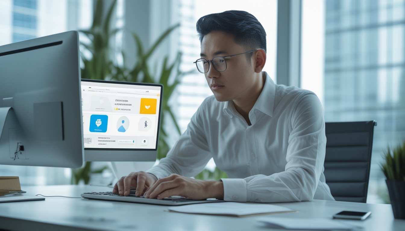 Profesional sedang memeriksa keamanan dan legalitas platform digital di depan laptop dengan simbol perisai dan gembok.