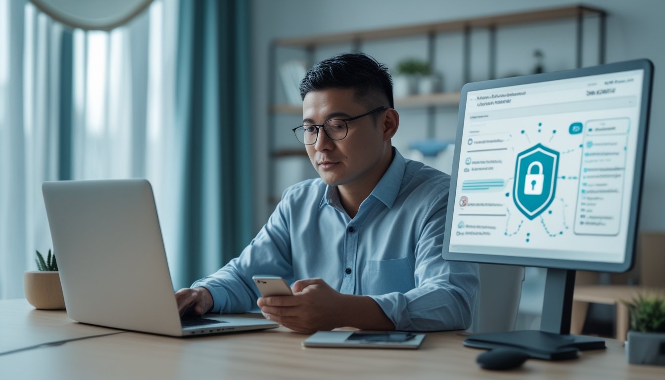 Seorang profesional memeriksa informasi digital dengan laptop dan ponsel, didampingi simbol keamanan dan verifikasi.