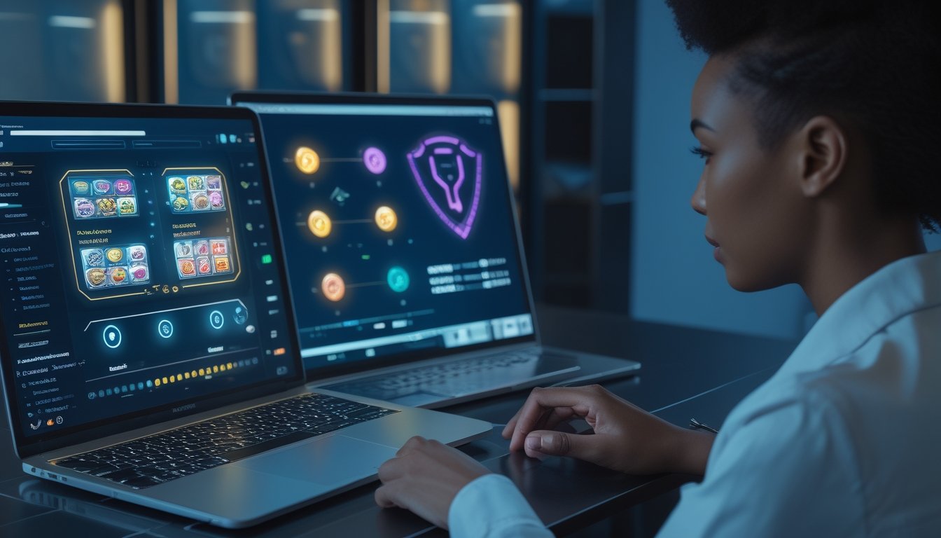 Seseorang menggunakan laptop dan ponsel dengan tampilan permainan digital abstrak serta simbol keamanan.