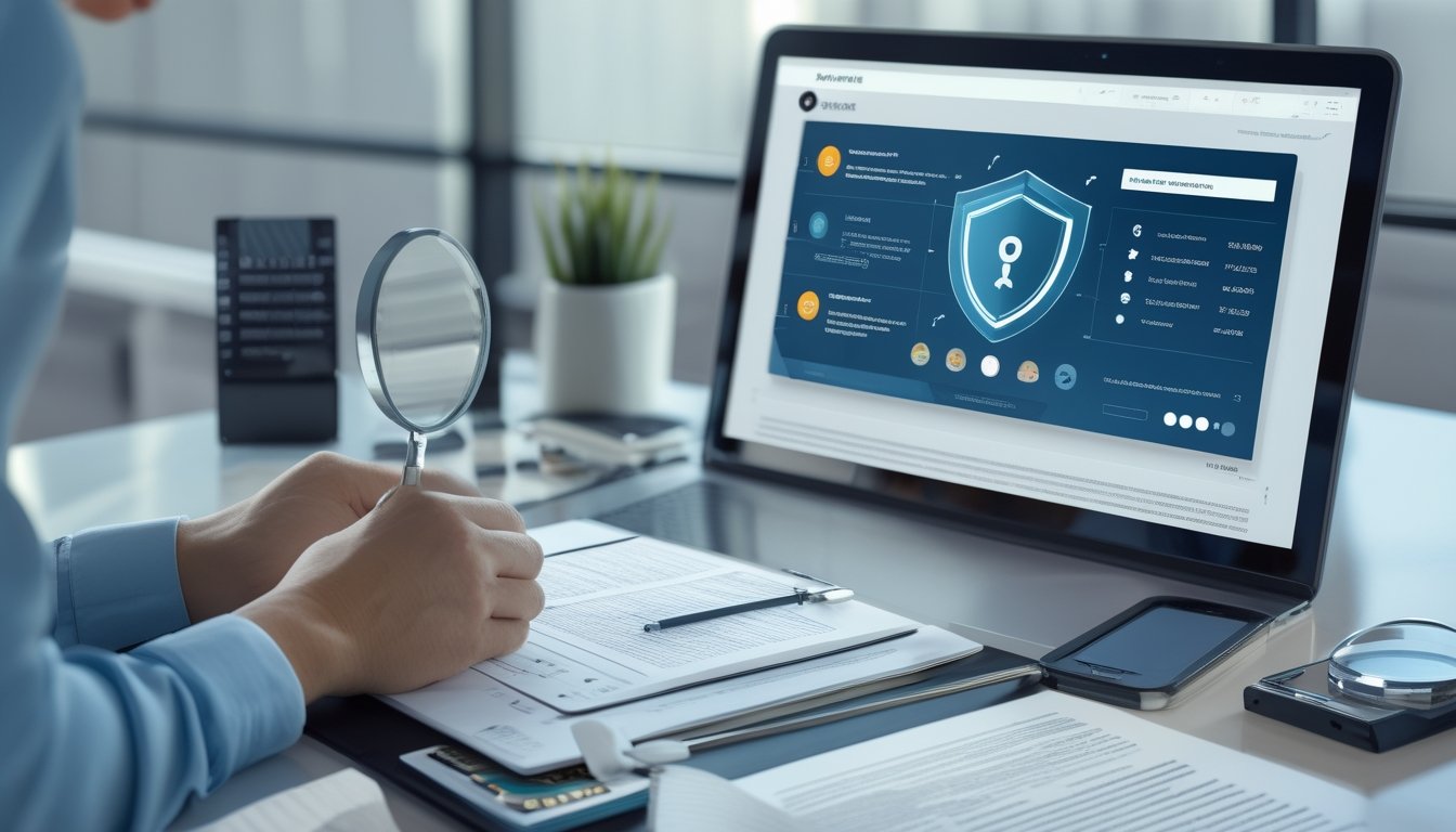 Analis kepatuhan memeriksa keamanan dan legalitas platform digital di meja kerja.