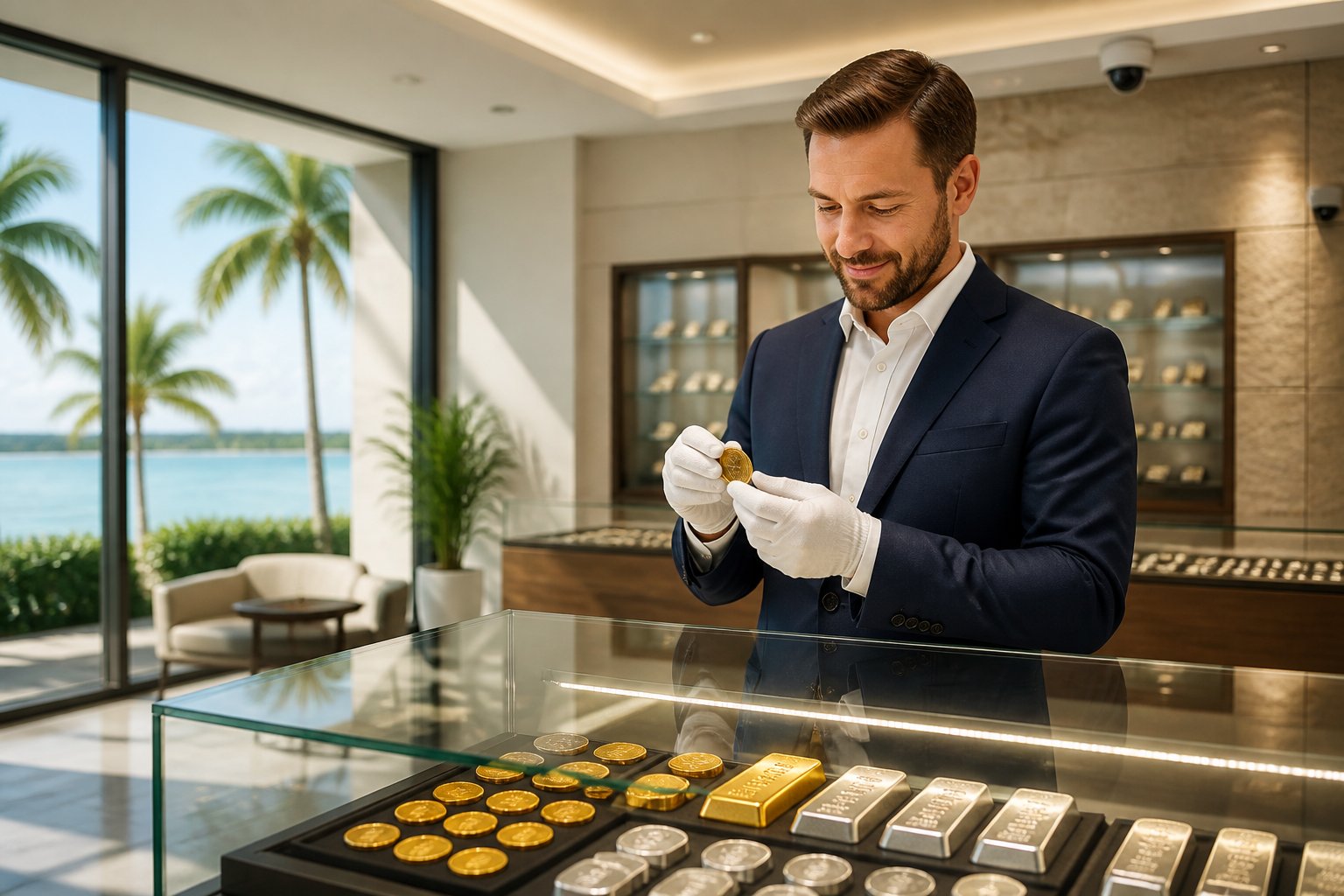 A financial professional examines gold and silver bullion in a bright, secure Florida showroom.
