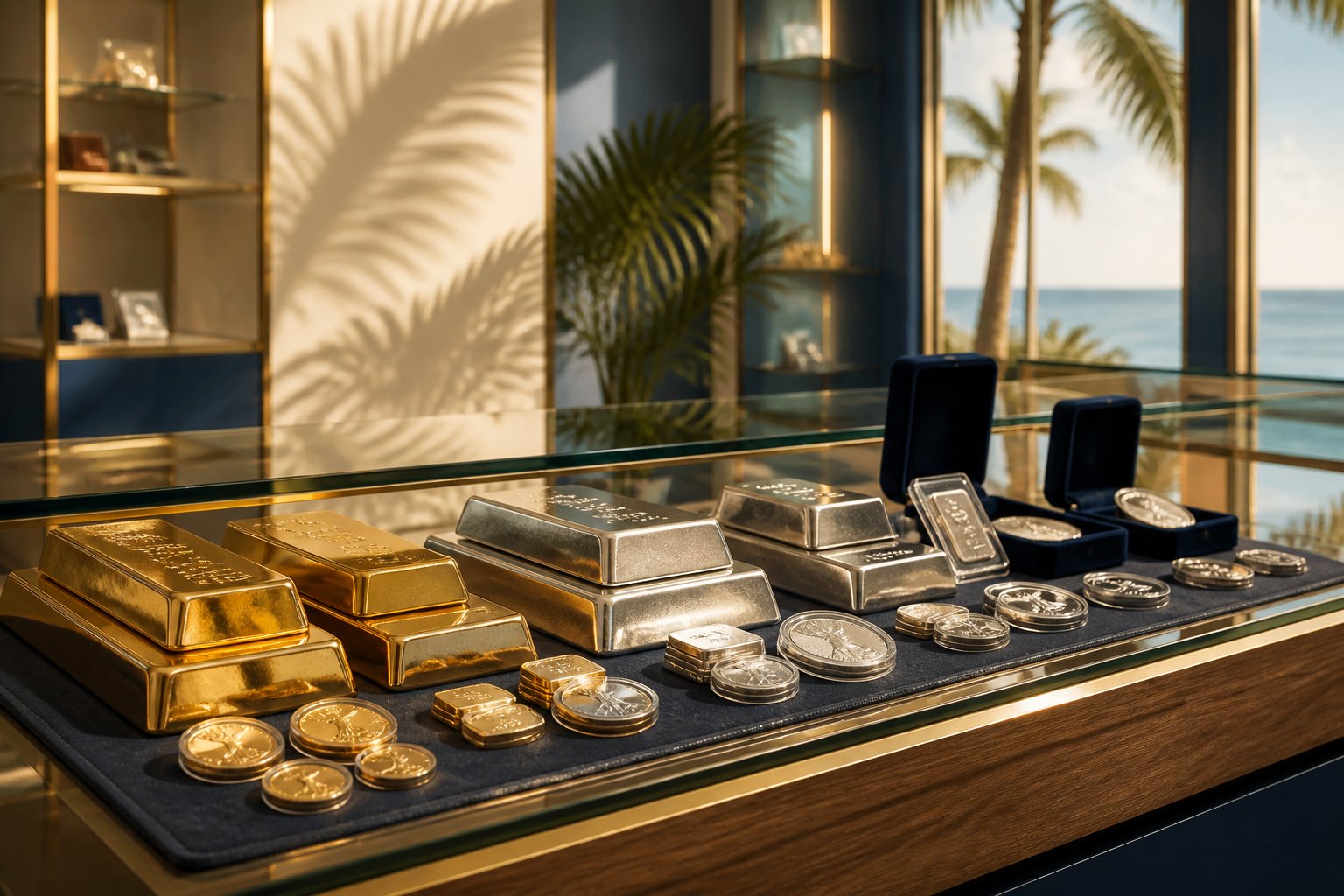 Gold, silver, and platinum bars and coins arranged in a bright, upscale bullion showroom.