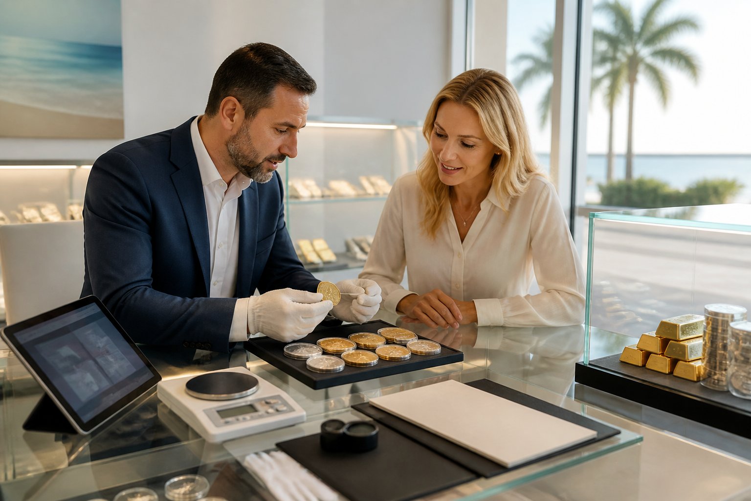 A customer and bullion specialist review gold and silver products at a bright Florida showroom counter.