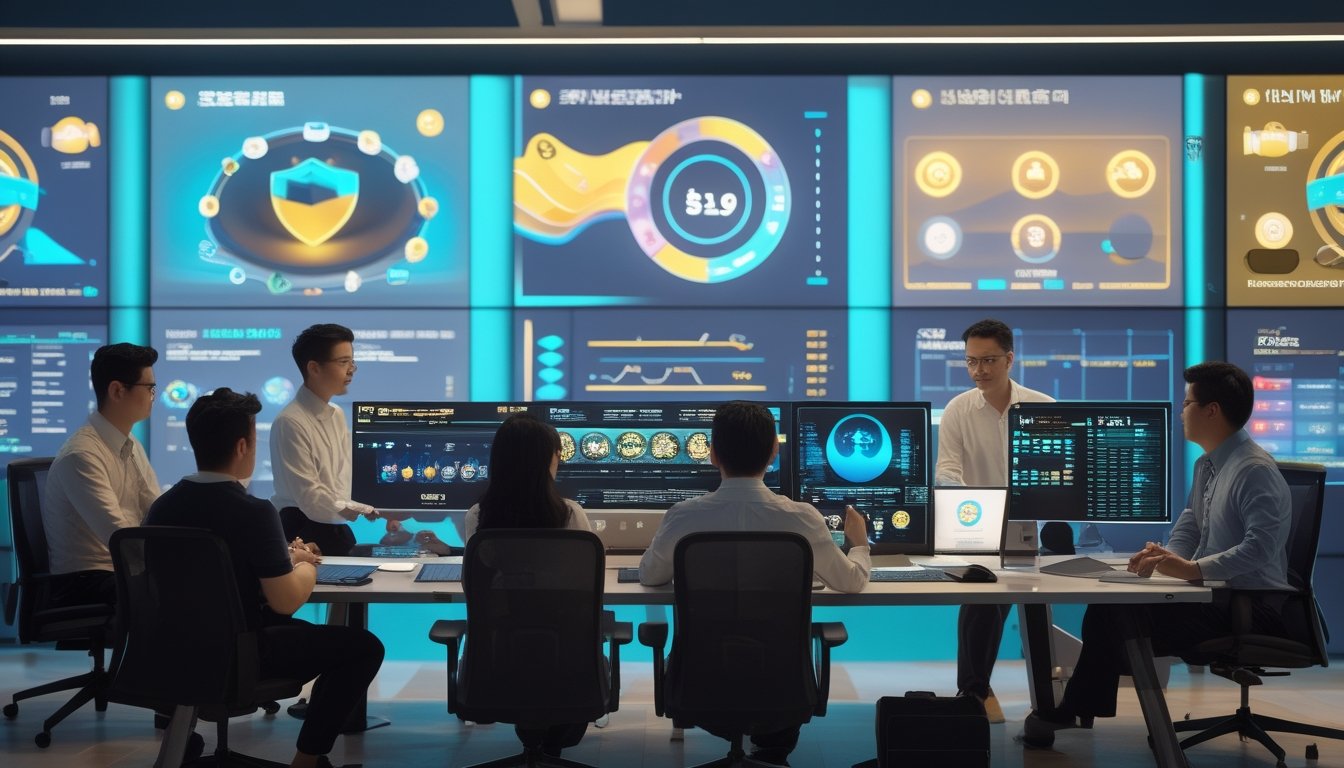 Tim profesional dewasa bekerja bersama di kantor modern dengan layar analitik digital dan antarmuka permainan abstrak.