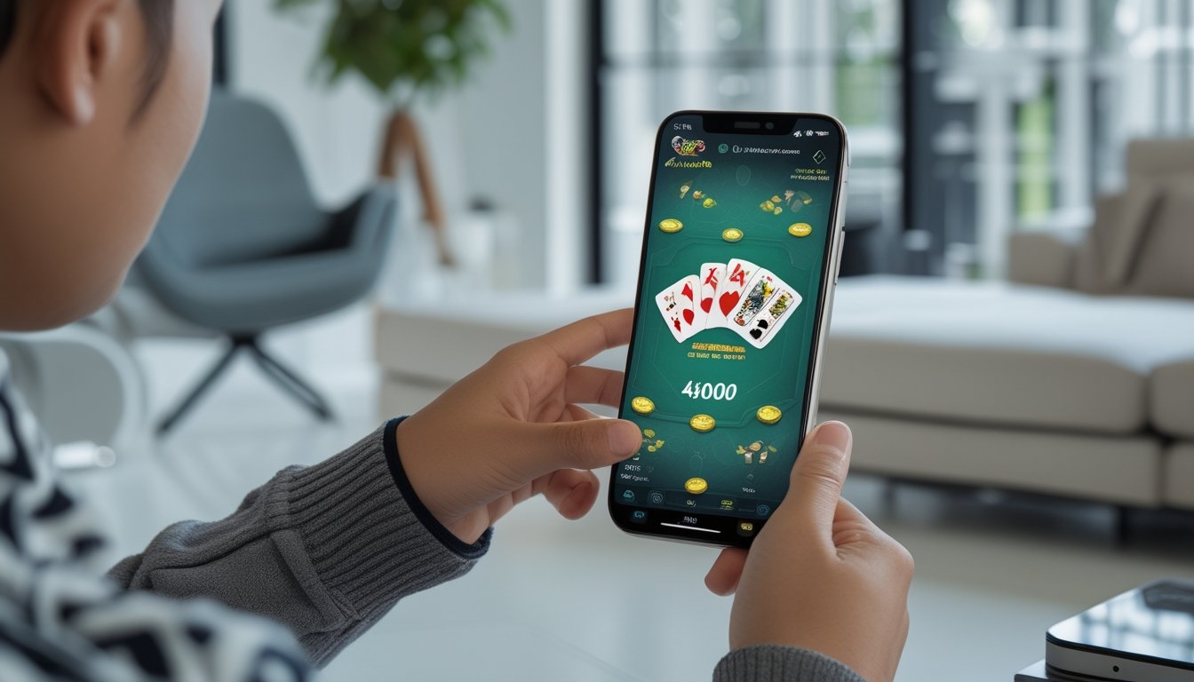 Seseorang menggunakan ponsel untuk memainkan permainan kartu digital di ruangan modern.