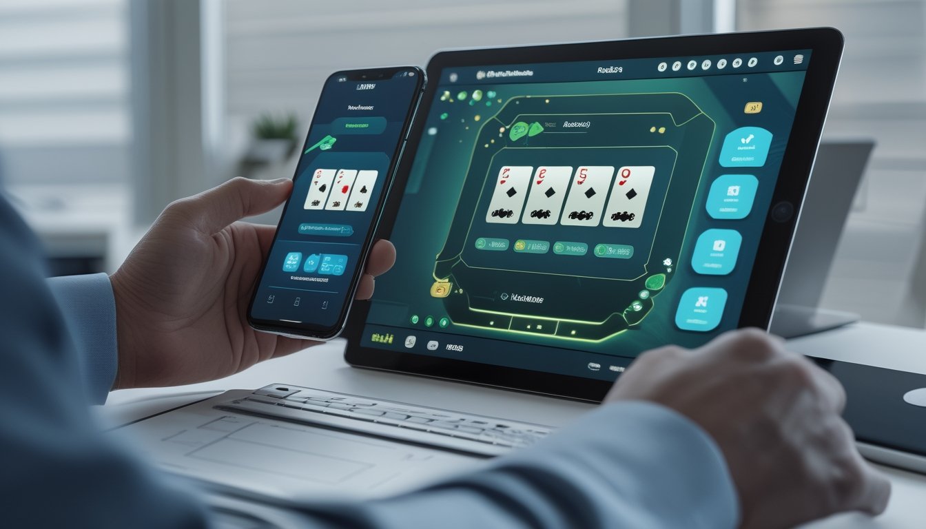Seseorang memainkan permainan kartu digital di ponsel dengan tablet di atas meja.