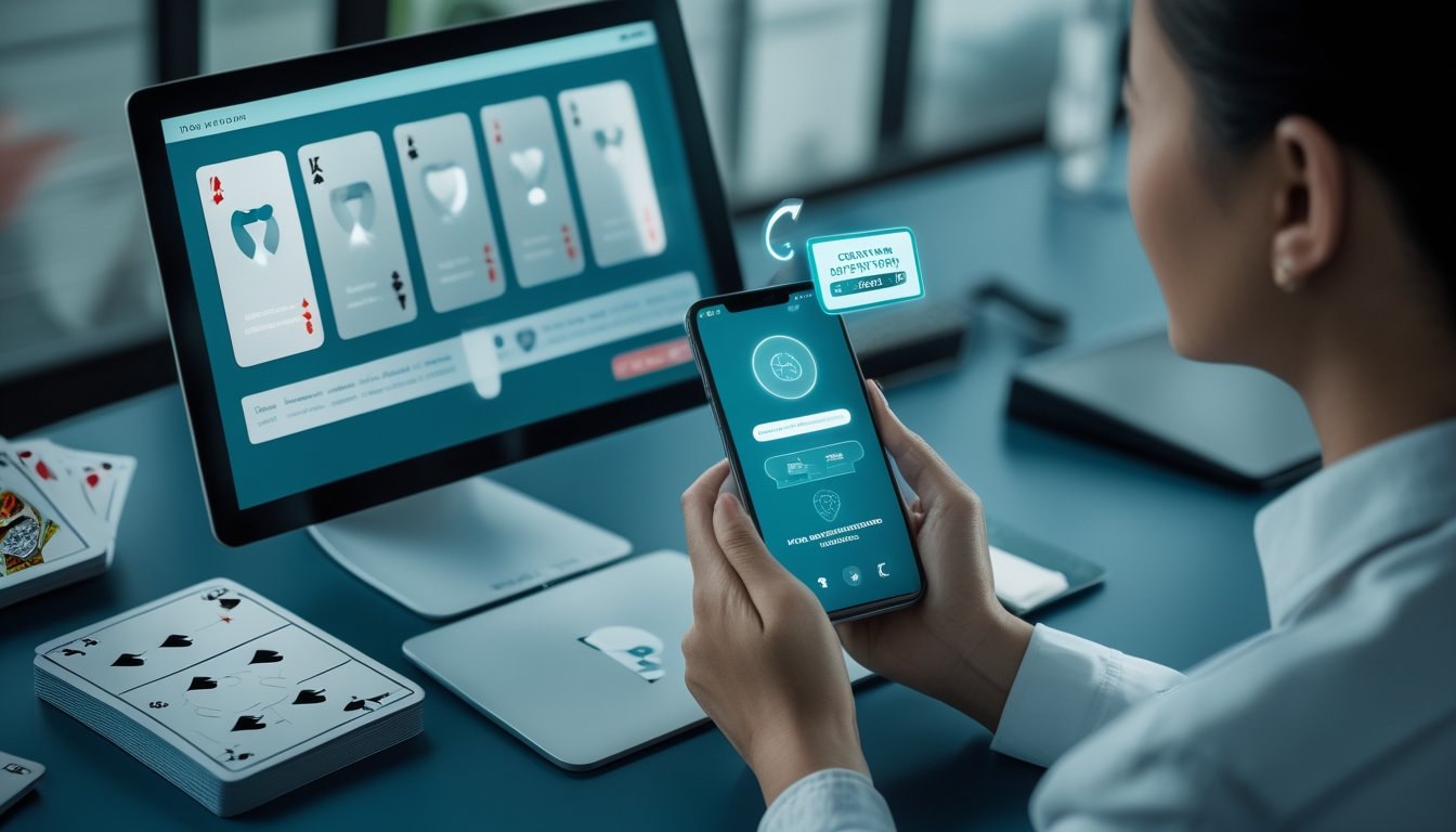 Seorang profesional menggunakan perangkat digital di meja dengan kartu permainan, dompet digital, dan kartu bank.