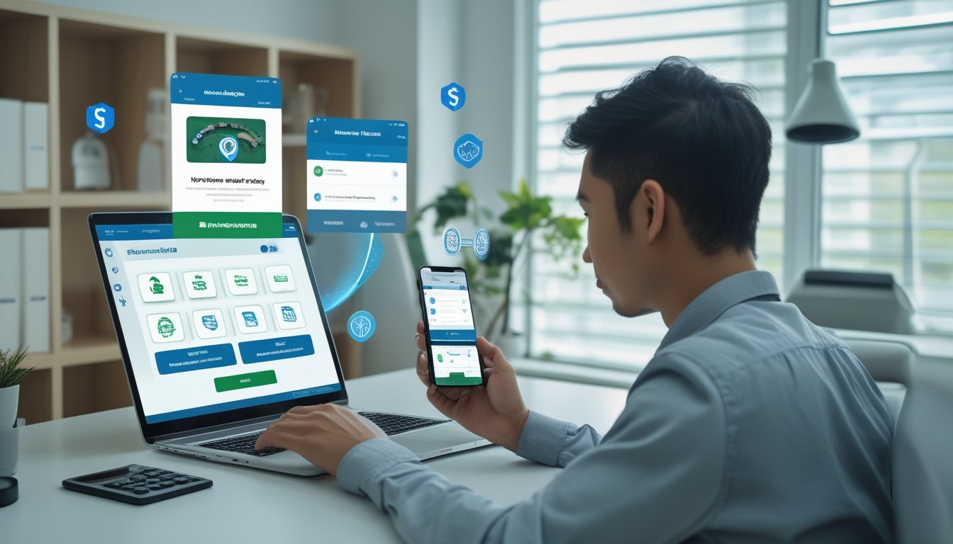 Seseorang memeriksa beberapa pilihan platform permainan kartu digital dengan laptop, ponsel, dan simbol keamanan di meja kerja.