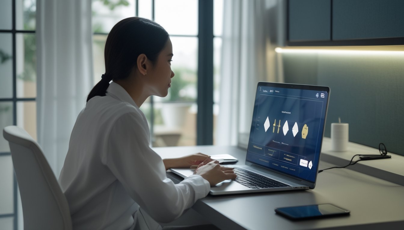 Orang dewasa memainkan permainan kartu digital di laptop dalam ruang kerja modern.