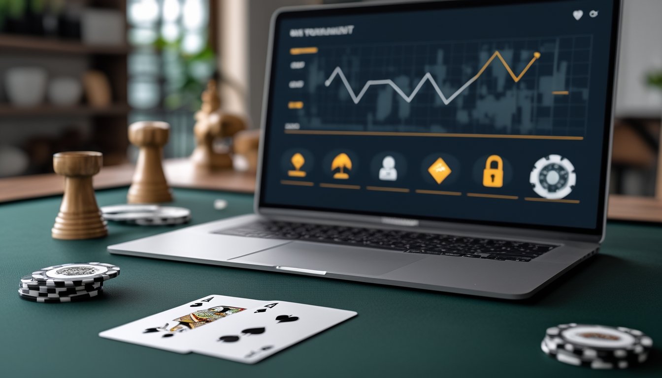 Meja permainan kartu dengan laptop yang menampilkan simbol keamanan dan elemen evaluasi platform.
