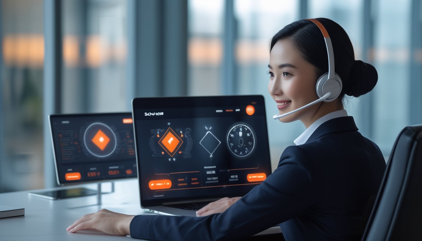 Petugas layanan pelanggan memakai headset melayani pengguna melalui laptop di kantor modern.