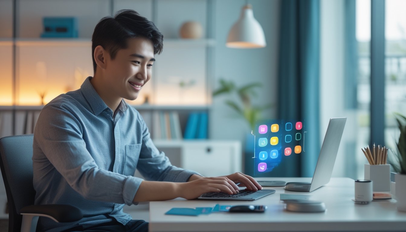 Seorang pemula bermain gim kartu digital di laptop dalam ruang kerja modern.