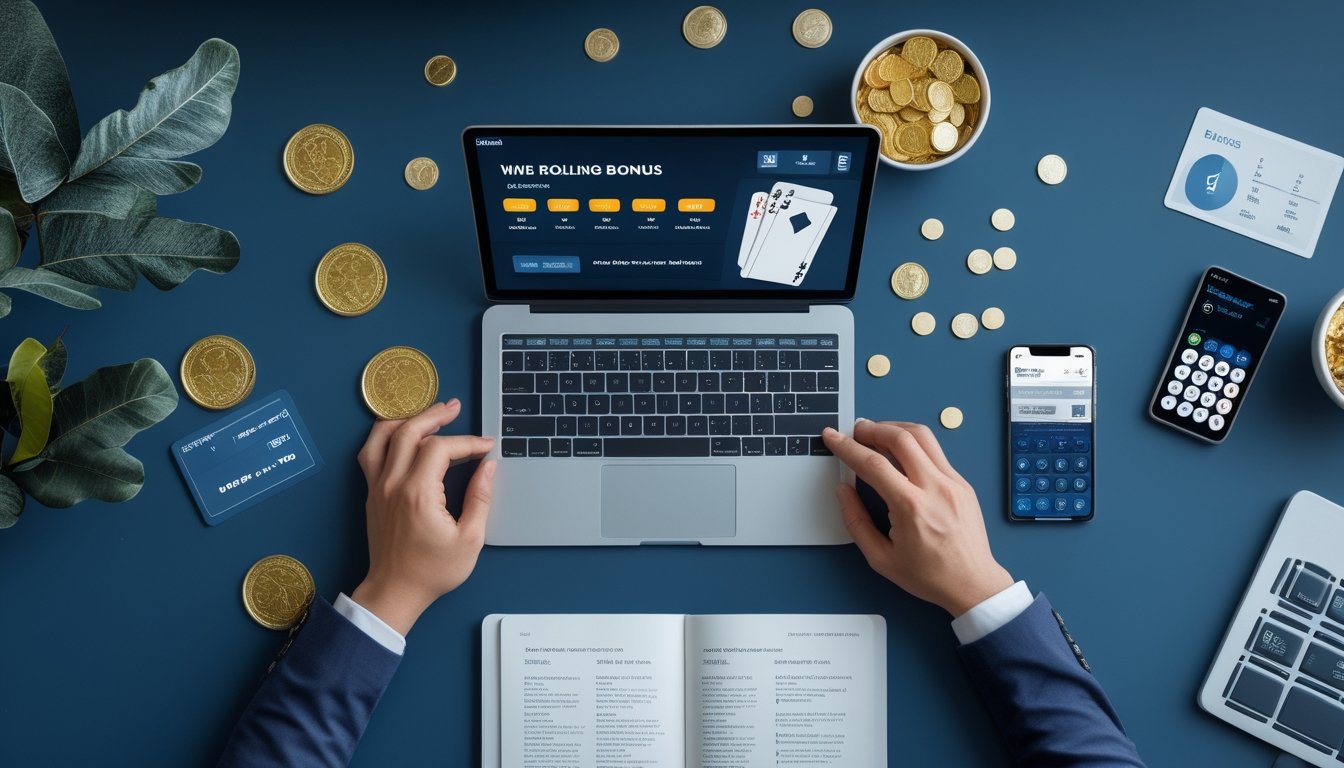 Seseorang meninjau bonus mingguan di meja kerja dengan laptop, kartu permainan, koin emas, kalender, dan kalkulator.