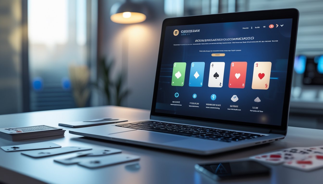 Laptop dan ponsel menampilkan permainan kartu digital dengan beberapa kartu tertata di atas meja.