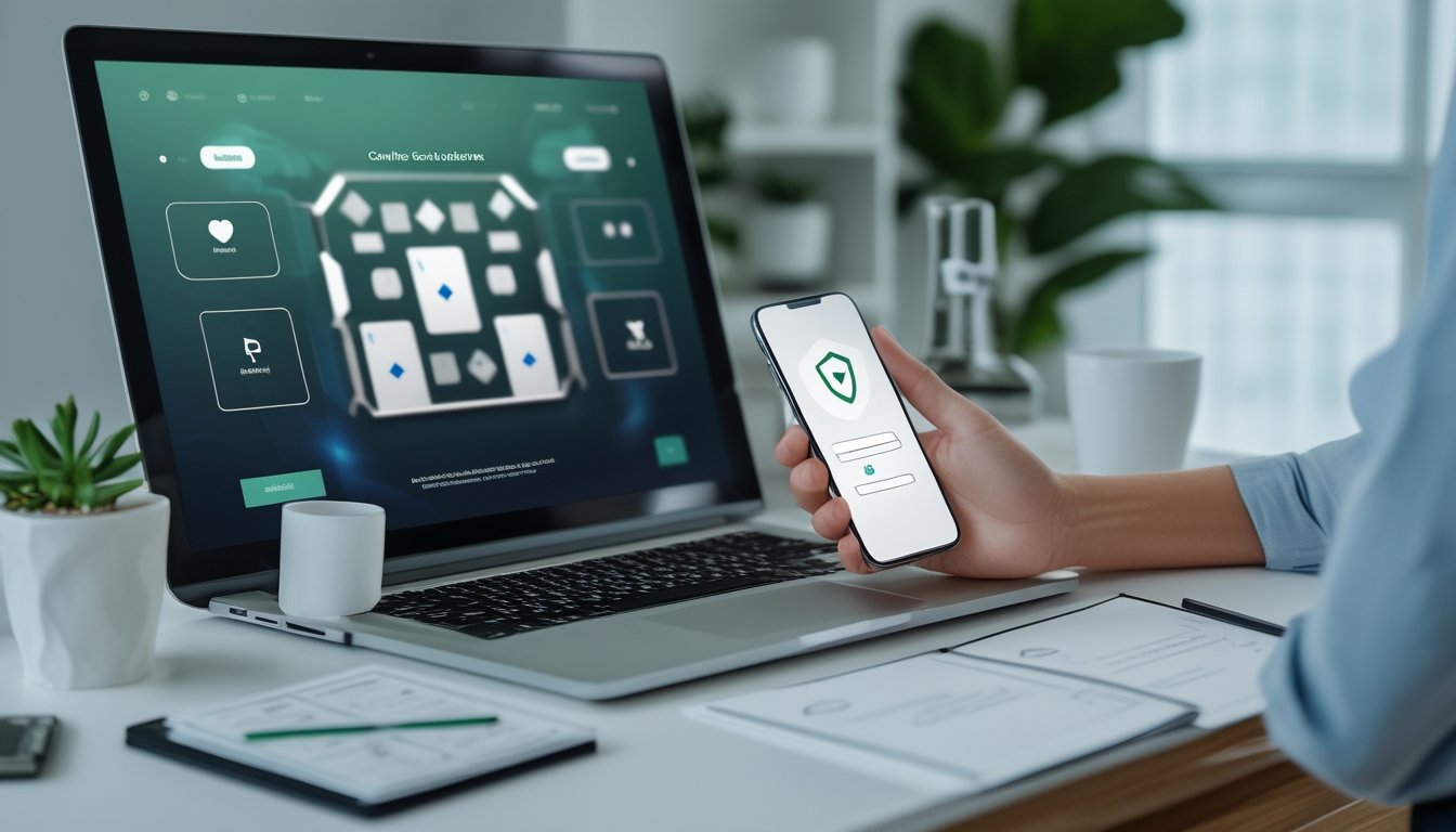 Seseorang memeriksa platform permainan kartu online melalui laptop dan ponsel dengan simbol keamanan.
