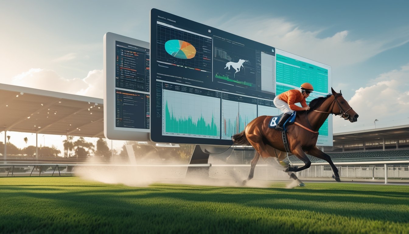 Analis mengamati data balap kuda digital sementara kuda pacu dan joki melaju di lintasan.