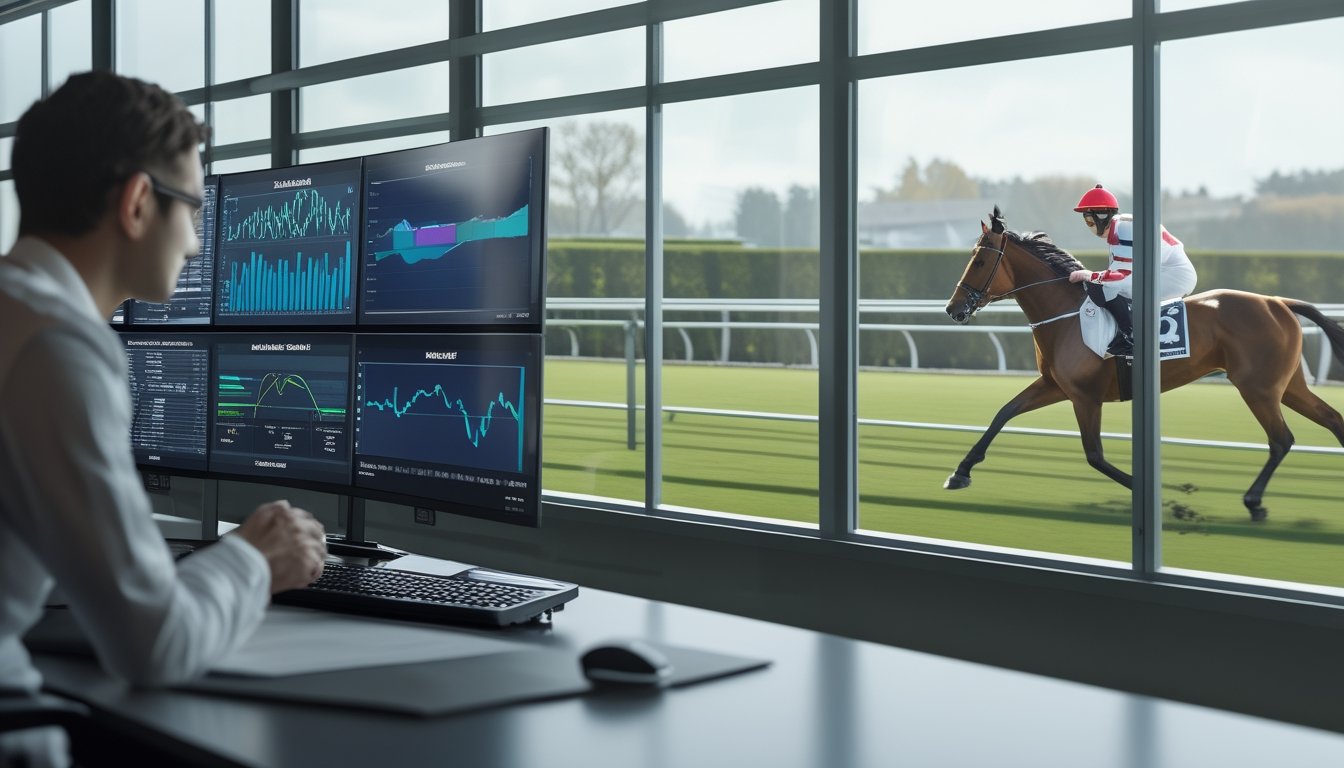 Analis mempelajari grafik data balap kuda di ruang kerja modern sementara kuda dan joki berpacu di lintasan.